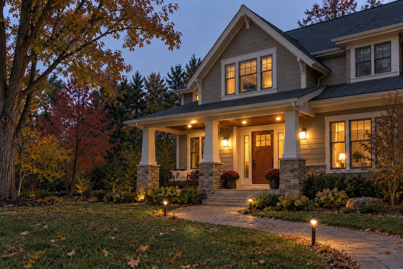 Illustrative Michigan-style home with warm porch and landscape lighting
